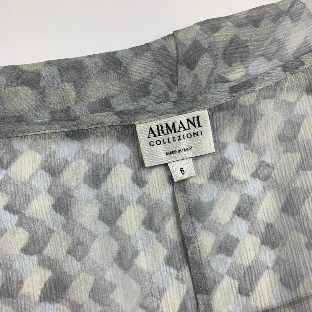 SOLD Armani Collezioni Vintage Y2K Gray 3/4 Crop Sleeve Ruffle Neck Sheer Silk - Picture 2 of 14